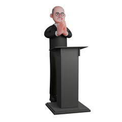 Judicial Illustration. A male judge is seen standing behind the podium with his hands showing a celebratory greeting or a symbol of forgiveness. 3D Male Judge