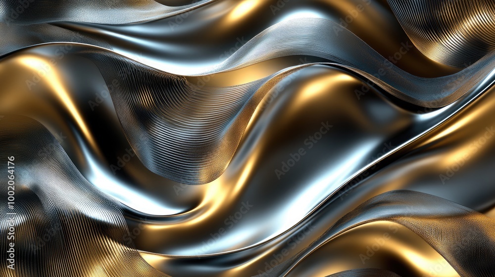 Poster thin metallic abstract lines intertwined in a wave pattern, reflecting light, creating a modern and 