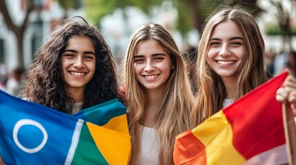 A vibrant celebration of international students showcasing unity and cultural exchange through flags and posters.