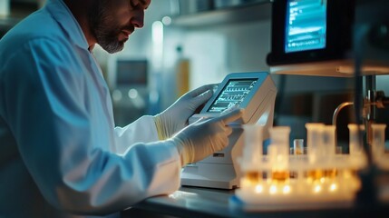 A front view of a doctor using an advanced pH meter with digital readouts to test the pH of multiple water samples.