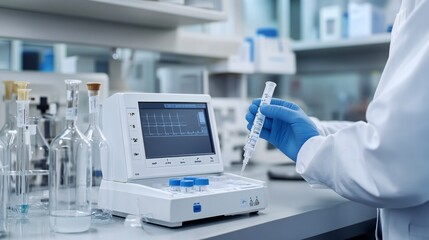 A front view of a doctor using a complete pH test kit to analyze water samples in a well-equipped science laboratory.