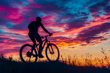 Obraz premium Man on mountain bike against sundown sky silhouette