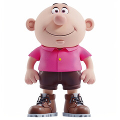 Fototapeta premium cheerful character with big head, wearing pink shirt and brown shorts, stands confidently with smile. This playful figure exudes friendly and inviting vibe