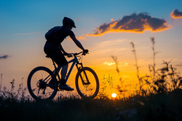 Fototapeta premium Man on mountain bike against sundown sky silhouette