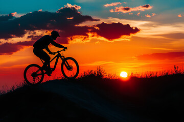 Fototapeta premium Man on mountain bike against sundown sky silhouette