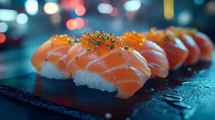 Delicious salmon sushi garnished with roe, beautifully presented on a black slate plate.