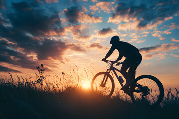 Obraz premium Man on mountain bike against sundown sky silhouette