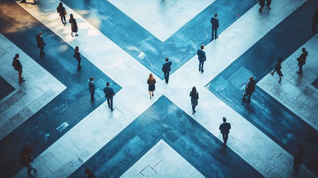 Diverging pathways in a corporate environment symbolize collaboration and teamwork across varied initiatives and objectives.