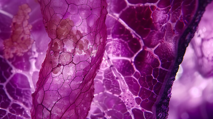 Close-up of microscope slide with sample of purple cells.