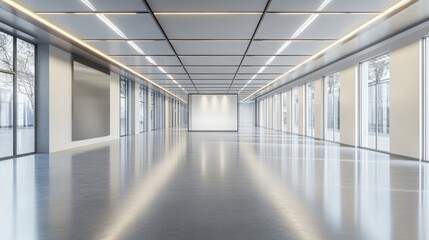 Fototapeta premium Mock up frame in a large empty exhibition hall with light cream walls and sleek grey floors, 3D render 