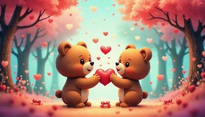 Fototapeta premium Two cute teddy bears sharing heart in love, joyful mood, pink forest background, playful scene