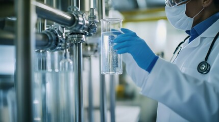 A side view of a doctor testing the pH of water from a filtration system, ensuring it is safe for consumption