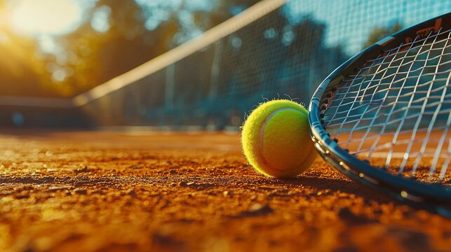 A racquet and a ball positioned on a court for the sport.