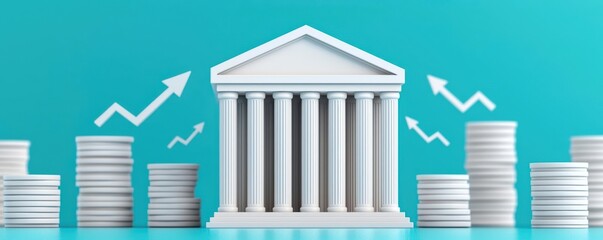 Obraz premium A bank building surrounded by rising stacks of credit agreements, with falling interest rates depicted as descending arrows, representing easier credit access and increased lending