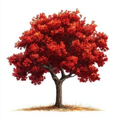 A bright red maple tree in full fall color with a dense canopy of vibrant red leaves, standing isolated on a white background with a small patch of grass.