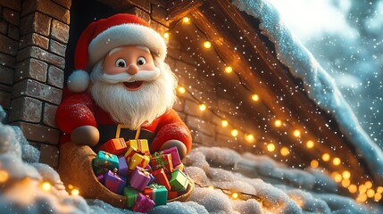 Santa Claus stuck halfway in a chimney, with colorful gifts spilling out of his bag, twinkling lights draped across the roof, cute cartoon style, bright festive colors, joyful winter night atmosphere,