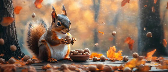 Squirrel enjoying acorns amidst a colorful autumn forest, capturing the essence of nature's beauty and wildlife.