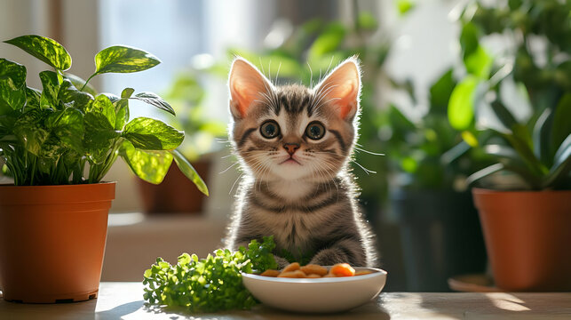 Cute kitten sitting among plants, looking curiously at its food bowl filled with fresh greens.