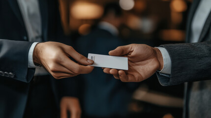 Obraz premium close up of business card being handed from one person to another, symbolizing networking and professional connections in sophisticated environment