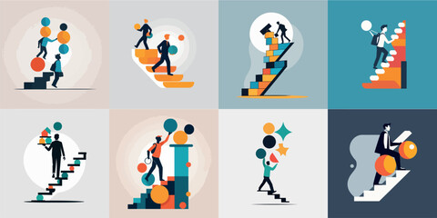 Spot Illustration Icon of Someone Carrying Shapes upstairs, Vector Set Template