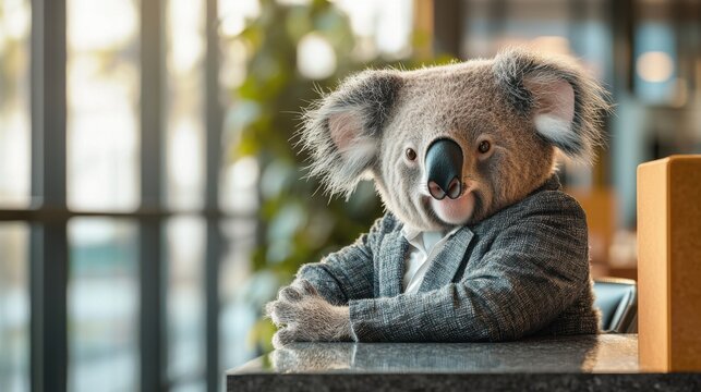 The image of a koala bear in a suit looks cool and handsome. Dressed like a businessman, formal, reminiscent of a cool businessman with a modern office backdrop.