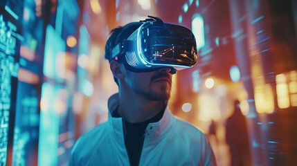 Fototapeta na wymiar W świecie zdominowanym przez technologię, mężczyzna z VR headsetem eksploruje metawersum, które zdaje się nie mieć końca. 