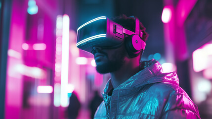Fototapeta na wymiar W świecie zdominowanym przez technologię, mężczyzna z VR headsetem eksploruje metawersum, które zdaje się nie mieć końca. 