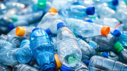 Duża sterta pustych plastikowych butelek leży na ziemi, symbolizując rosnący problem odpadów plastikowych. 