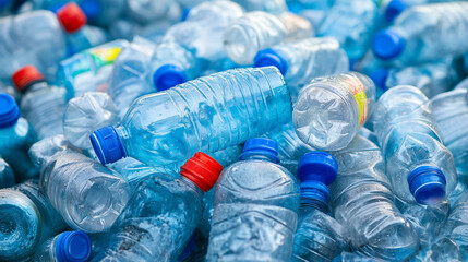 Duża sterta pustych plastikowych butelek leży na ziemi, symbolizując rosnący problem odpadów plastikowych. 