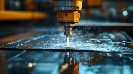 Close-up of a high-powered industrial water jet cutting metal sheet, showcasing precision and advanced technology in manufacturing.