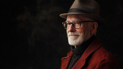 Ciemne tło podkreśla barwne ubrania starszego mężczyzny, kt&oacute;ry z pasją wyraża sw&oacute;j indywidualny styl. 