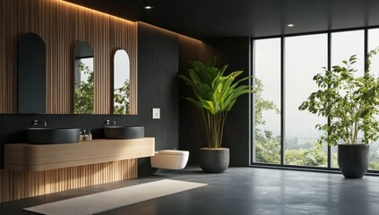Fototapeta premium Modern Bathroom Interior Design with Wood and Black Accents