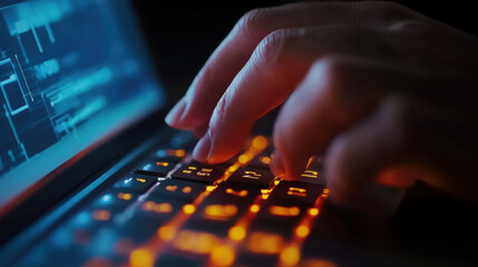 Fototapeta premium consultants hand is pressing button on laptop, showcasing modern keyboard with illuminated keys. scene conveys sense of focus and technology