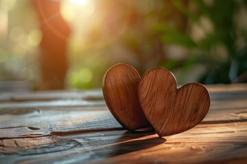 Two wooden heart-shaped objects on a rustic wooden surface illuminated by warm sunlight for a natural and romantic atmosphere