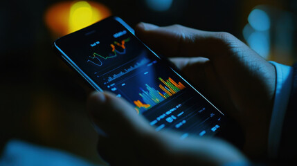 consultants hand scrolling through data graphs on smartphone, showcasing vibrant analytics and insights in dimly lit environment. focus is on colorful data visualization