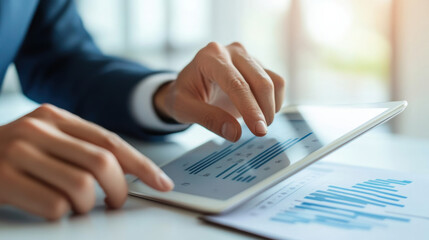 Fototapeta premium consultants hand is focused on typing summary on tablet, showcasing data analysis and business insights. scene conveys professionalism and modern technology