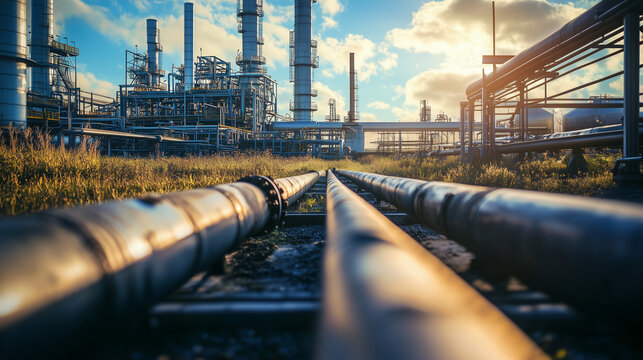 Złożony system metalowych rur przemysłowych, kt&oacute;re wiją się w kierunku horyzontu. Te solidne rury są częścią ogromnego zakładu przemysłowego zajmującego się wydobyciem ropy.