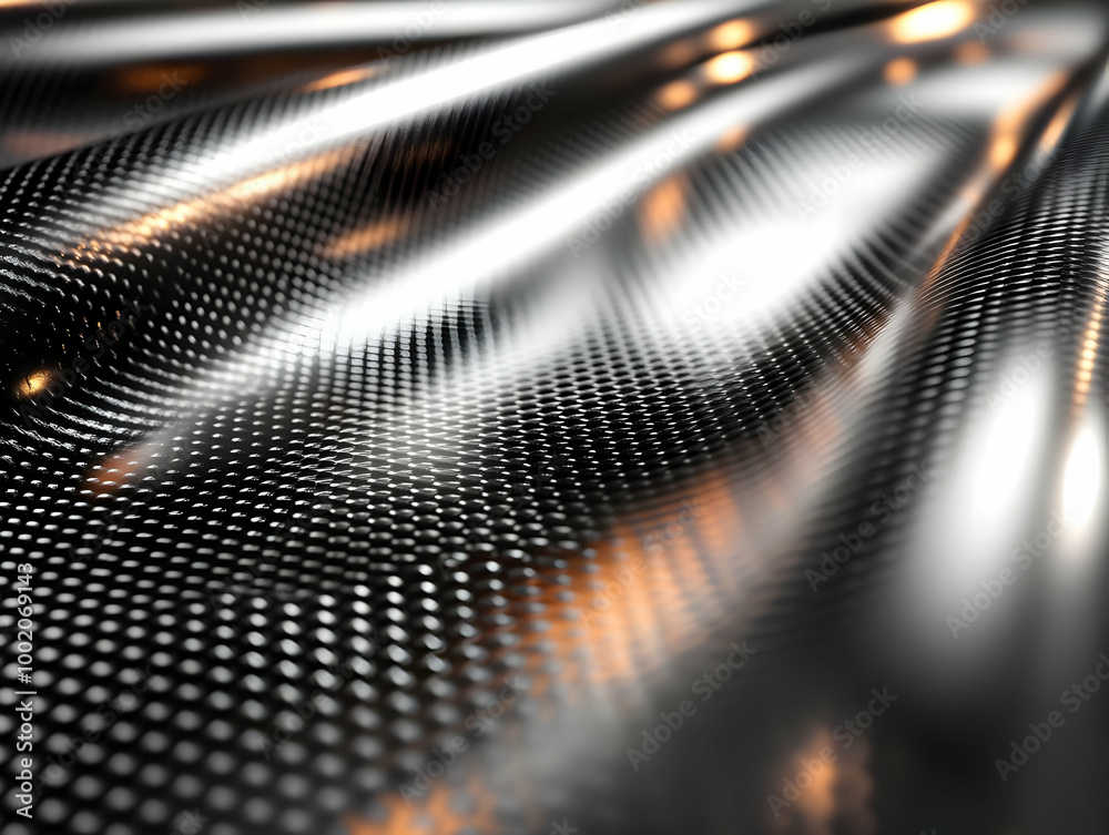 Poster abstract metallic texture with reflective lights creating a dynamic, modern visual effect on a dark 