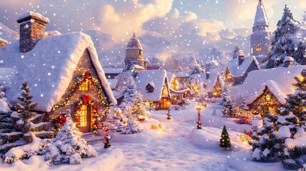 Enchanting Christmas village with snow-covered rooftops twinkling lights and festive decorations.