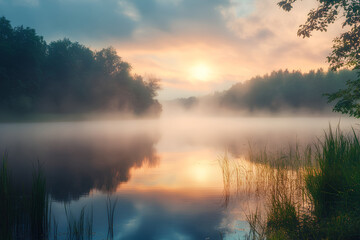 Misty morning scene of Lacu Rosu lake. Foggy summer sunrise