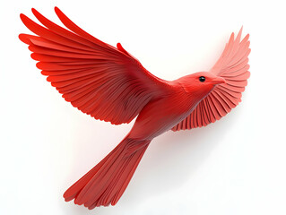 Fototapeta premium A vibrant red bird in mid-flight, showcasing its detailed wings and body against a white isolated background.