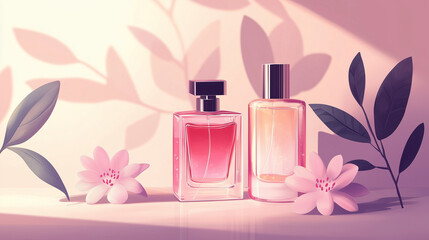 Na tle pastelowych ton&oacute;w widać starannie skomponowane butelki perfum, otoczone świeżymi kwiatami.