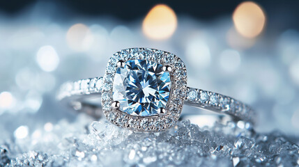 Fototapeta premium Pierścionek zaręczynowy z diamentem w kształcie poduszki, który emanuje blaskiem i elegancją. 