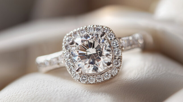 Pierścionek zaręczynowy z diamentem w kształcie poduszki, kt&oacute;ry emanuje blaskiem i elegancją. 