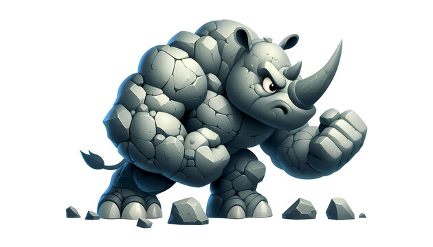 rhinoceros cartoon character, made frome rock, ready to attact, isolated white background