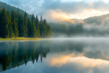 Fototapeta premium Misty morning scene of Lacu Rosu lake. Foggy summer sunrise
