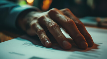 hand resting on printed business proposal, showcasing focus and determination in professional setting. scene captures essence of decision making and planning