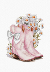 Watercolor pink cowgirl boots and daisies. Perfect for your little dreamers for country nursery decor.