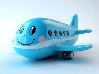 Obraz premium Cute cartoon airplane toy, smiling face design, blue color, isolated on white background.