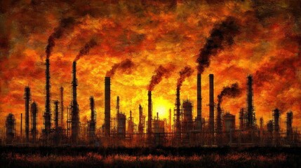Obraz premium A fiery sunset over a factory complex with multiple smokestacks billowing smoke.